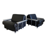 paire de fauteuils, cuir noir & inox, 1990