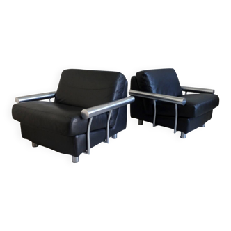 paire de fauteuils, cuir noir & inox, 1990
