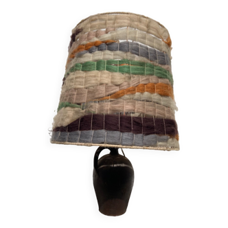 Brown jar lamp 1970 and beige green gray wool lampshade