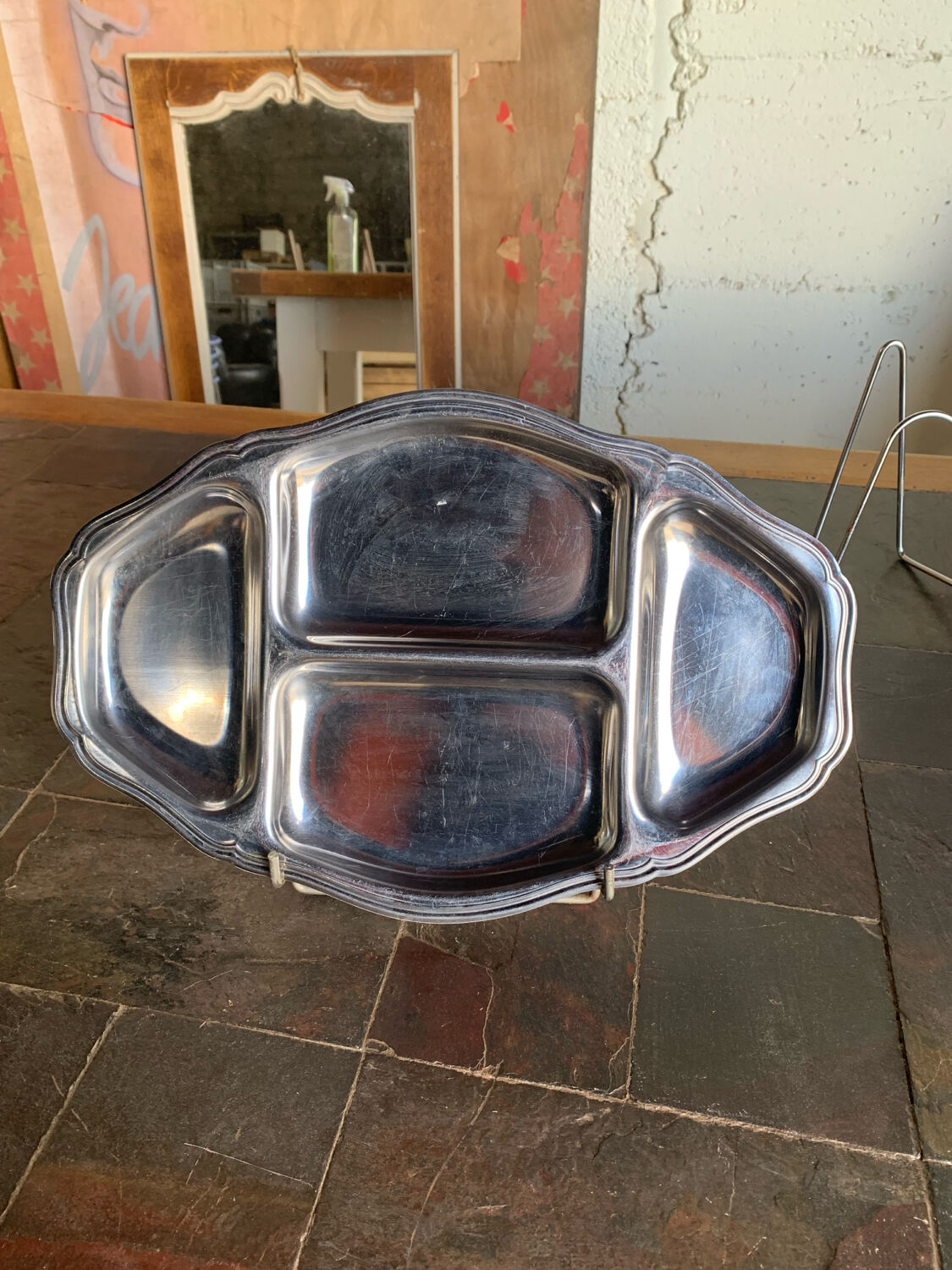 Vintage stainless steel large serving tray – meat & vegetable compartments