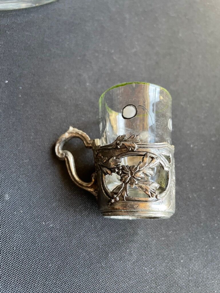 Liquor service Art Nouveau 1/2 Enamelled colored crystal with silver metal frame