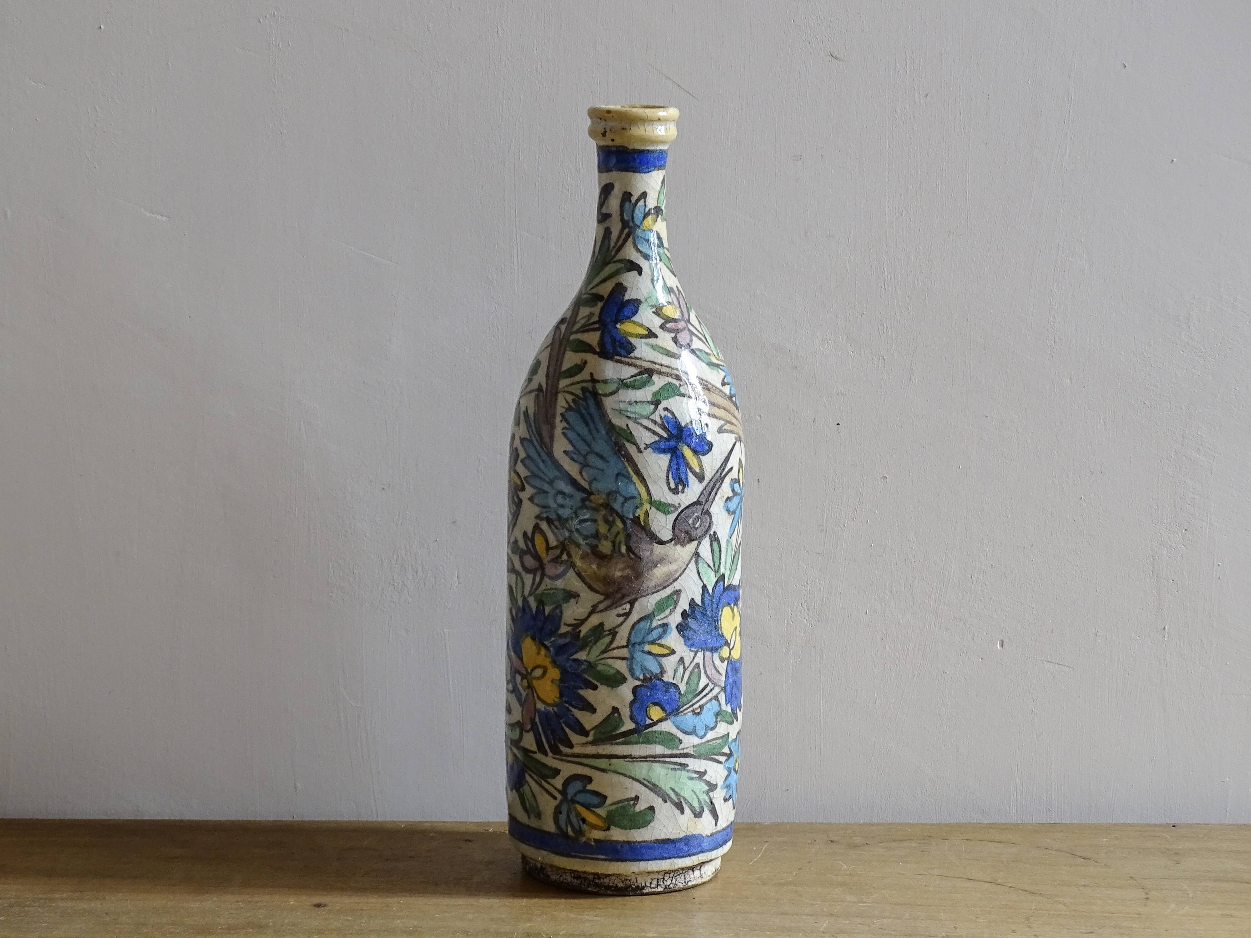 Antique Iznik Style Pottery Bottle with Birds, Ottoman Revival Ceramic Vase
