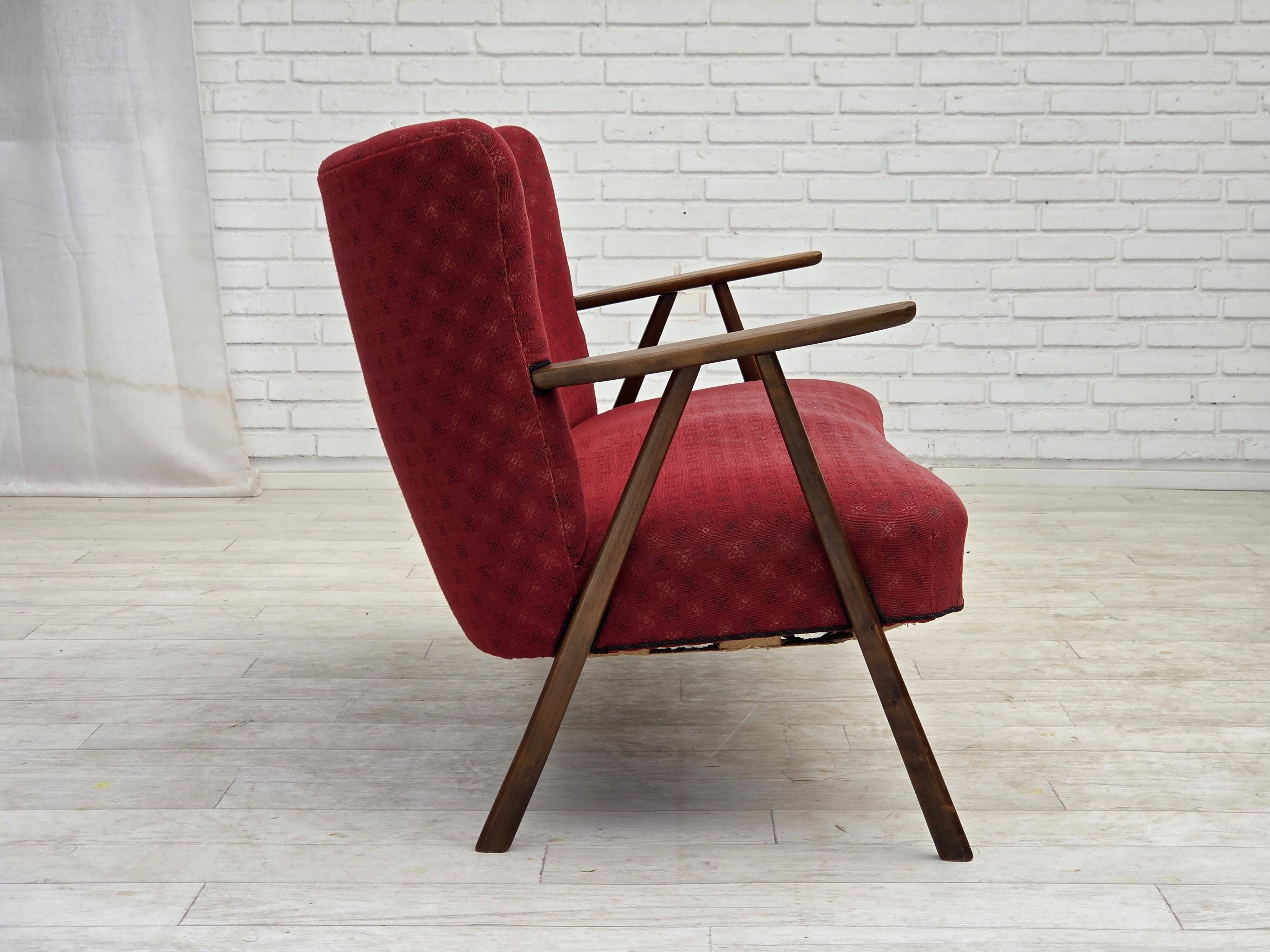 1960s, Danish 2-seater sofa, red furniture fabric, beech wood.