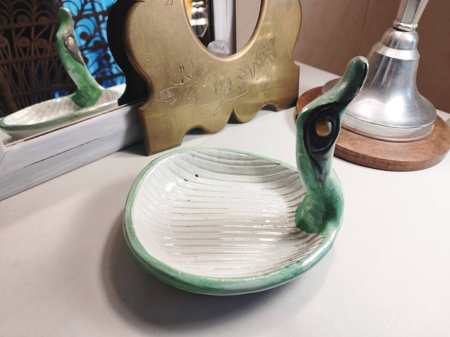Duck-shaped trinket dish in glazed stoneware by J. C. Monange