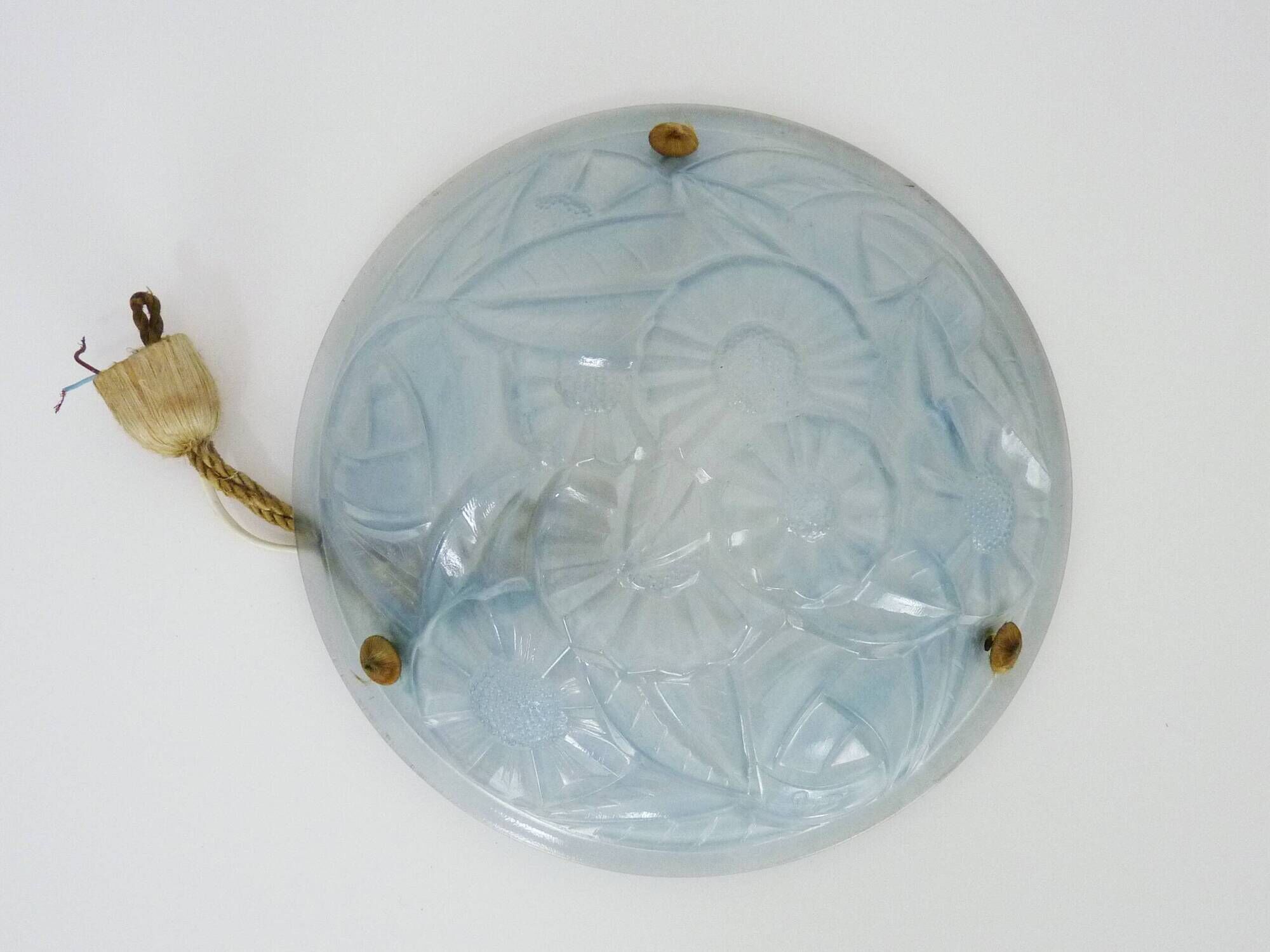 Old degue chandelier, 1-burner art deco washbasin pendant light, in blue glass paste. signed degué