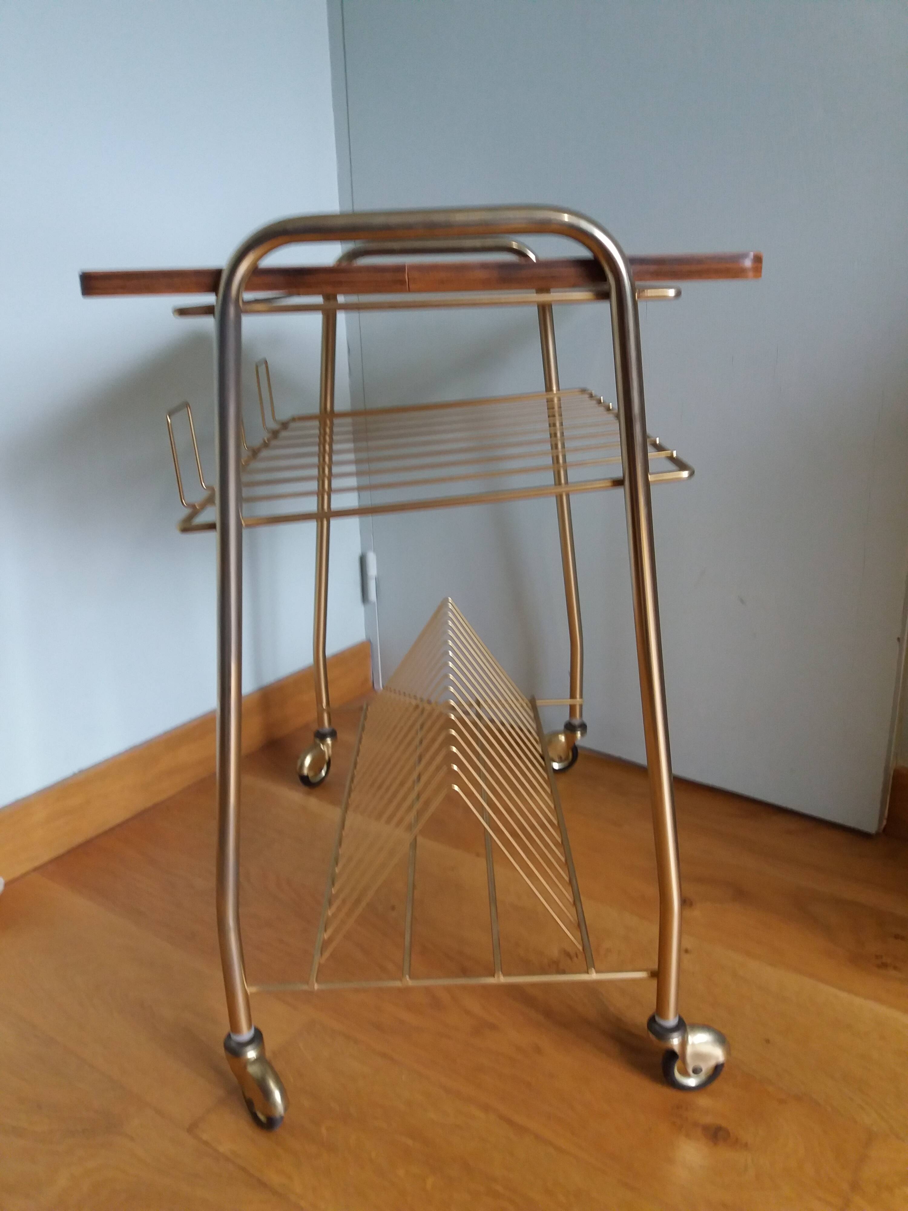 Table trolley for vinyls or magazines in gold metal and formica