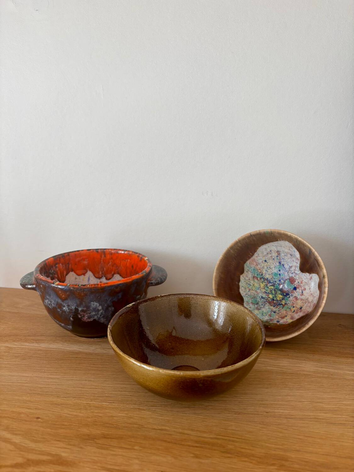 Vintage set of 3 glazed stoneware bowls Morvan pottery and other signature to iden