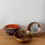 Vintage set of 3 glazed stoneware bowls Morvan pottery and other signature to iden
