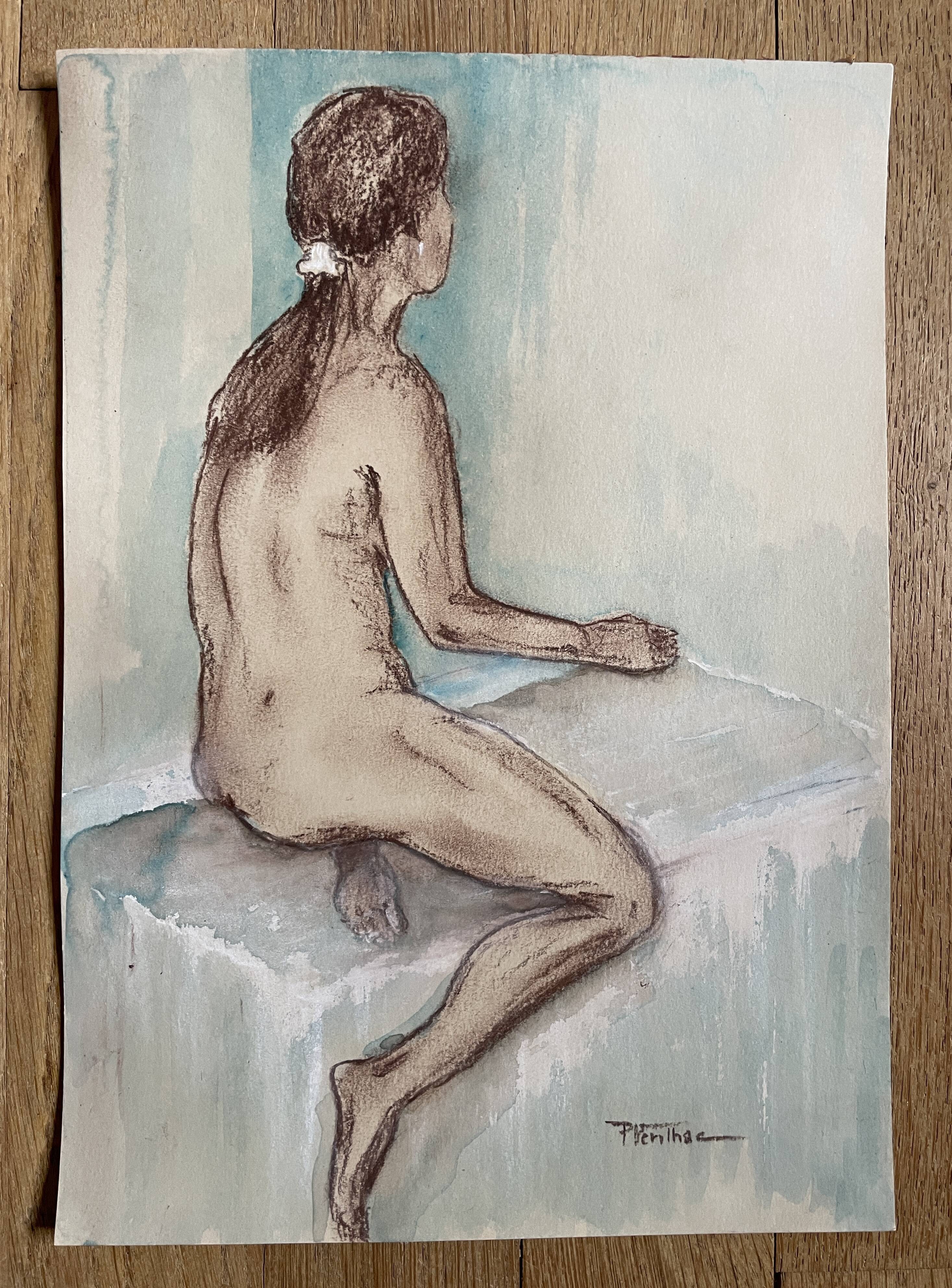 Painting signed sanguine watercolor female portrait “the pose”