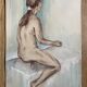 Tableau signé sanguine aquarelle portrait féminin « la pose »