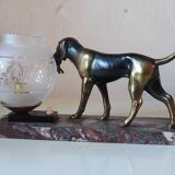 French Art Deco hunting dog on a marble base with a switched lamp.