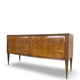 Veneered burl walnut chest of drawers with light warm brown glass top