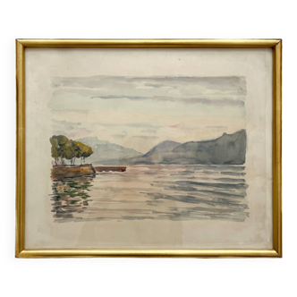 Aquarelle ancienne paysage lac Aix les Bains signée Rémi Dufour 1958