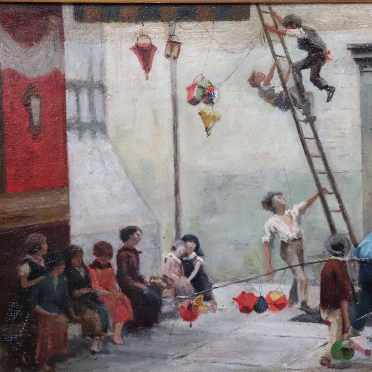Oil Painting On Canvas, Children At Play, Italy, 19th Century