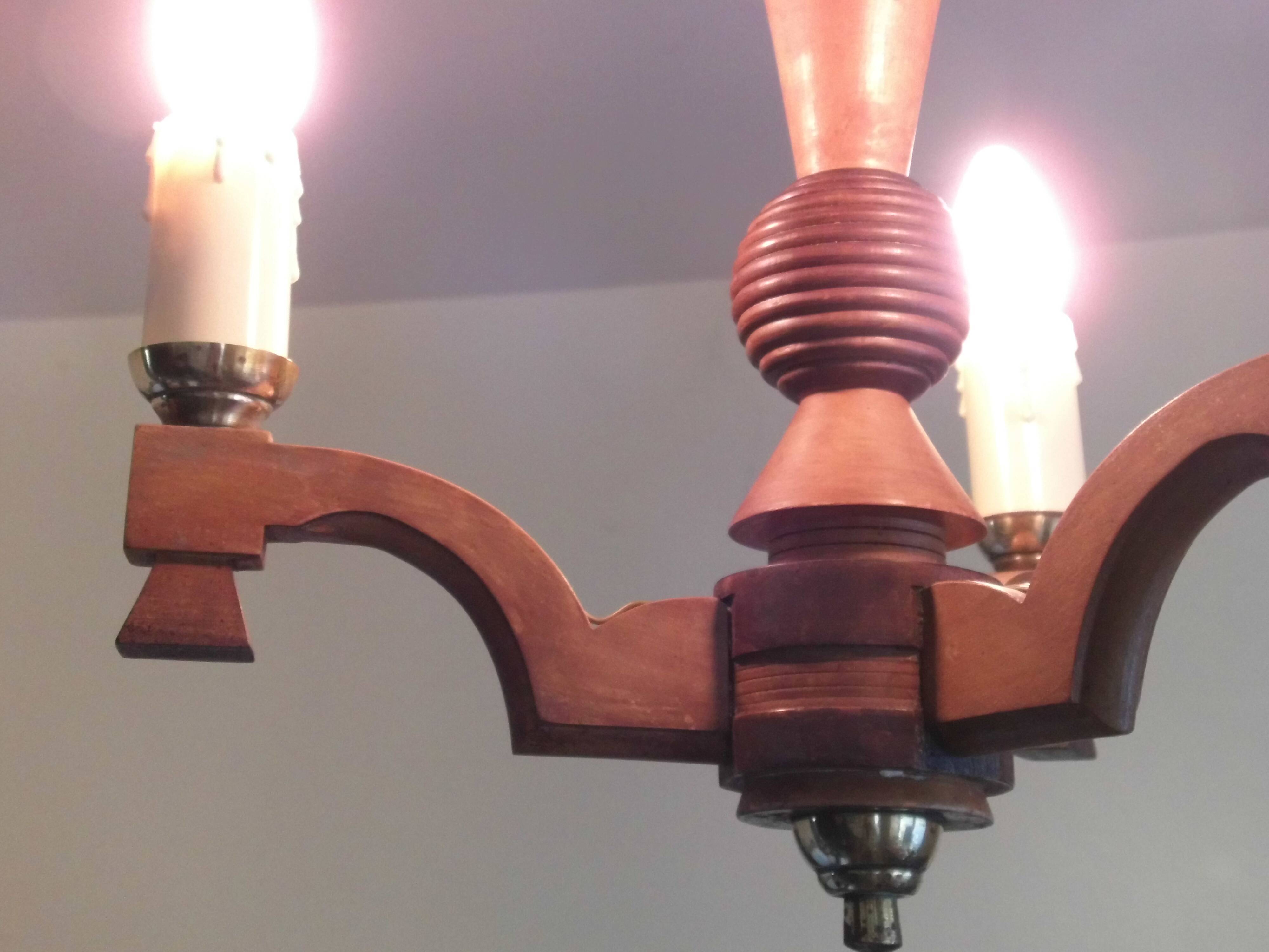 Old chandelier 3 lights wooden art deco suspension