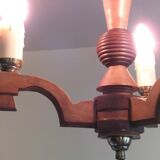 Ancien lustre suspension 3 feux en bois art déco