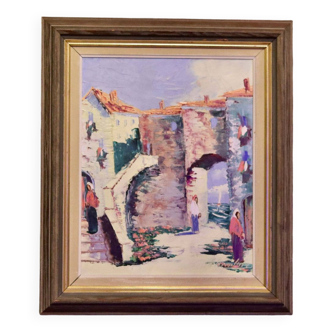 1950's original swedish modernist oil painting"street view to the sea" by charles schölander - frame