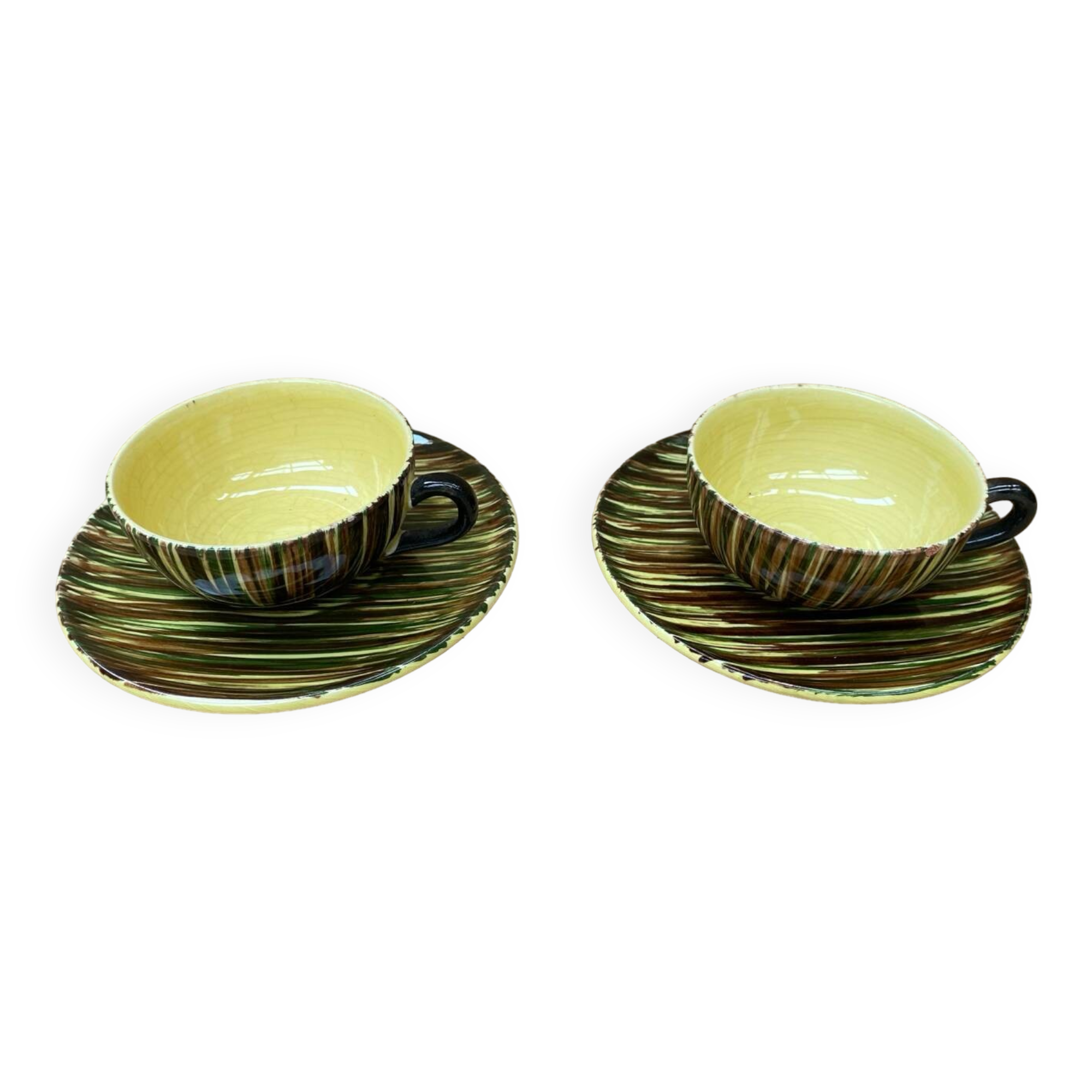 Pair of antique st clement safari ceramic yellow vintage mugs