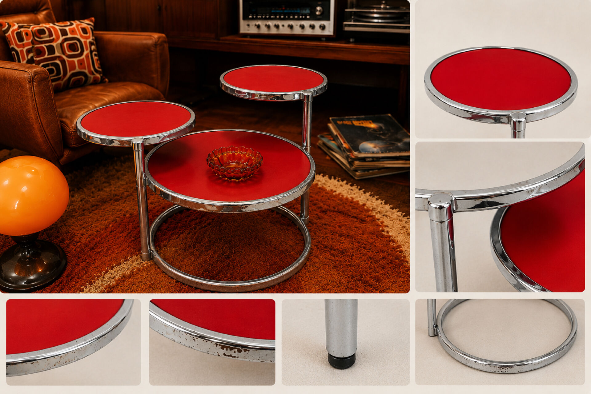 Table basse année 70 à trois niveaux en verre structure acier chromée