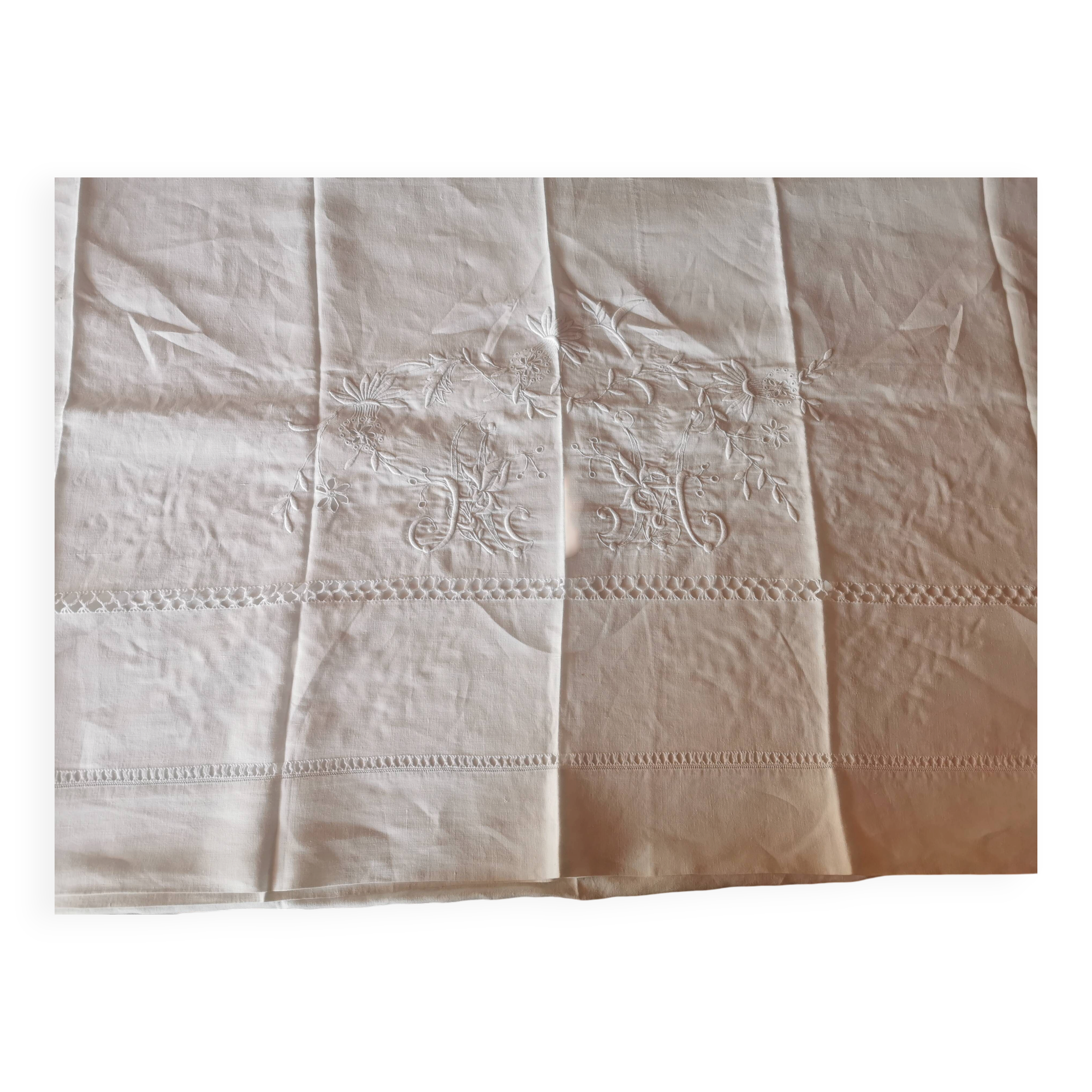 Large antique linen sheet monogrammed AH