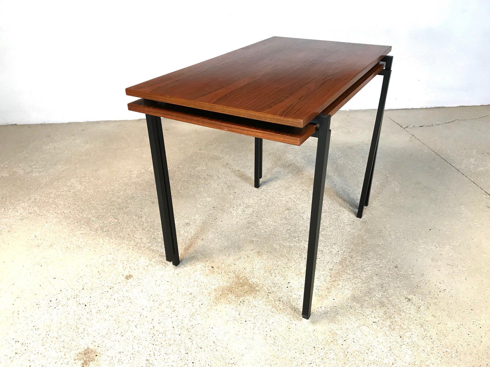 Minimalist walnut & steel stacking side tables, 1960s, Set of 2