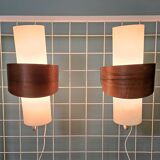 Louis kalff (1897-1976) for philips, pair of nx40 wall lights in wood, opaline glass, and lacquered metal,