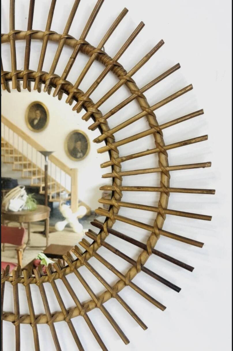 Miroir soleil en rotin tressé, années 60