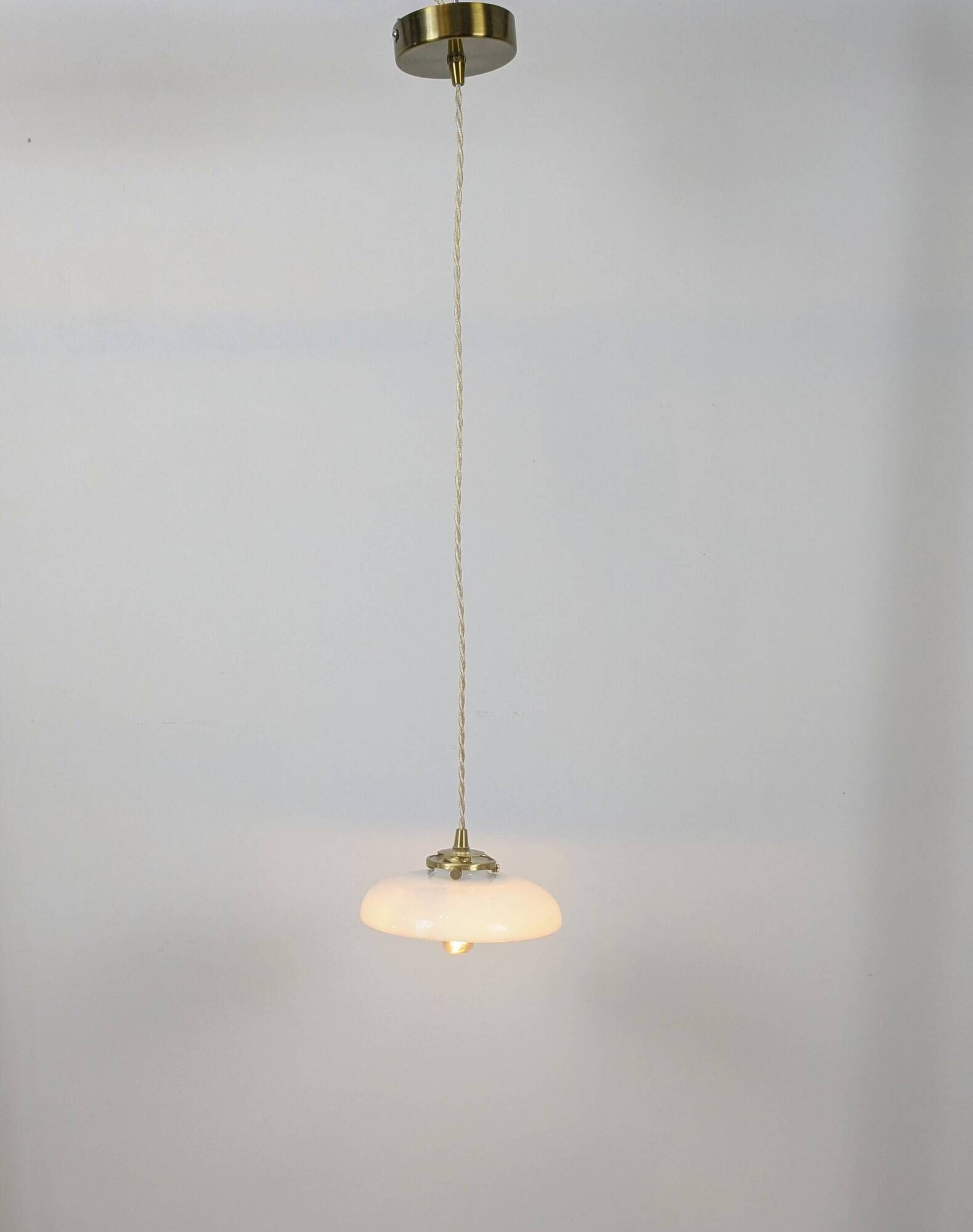 Vintage suspension in white opaline with a bulged shape – 1960s lampshade, brass.