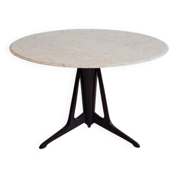 Table de salle à manger ronde mi-siècle moderne en marbre et bois ébénisé