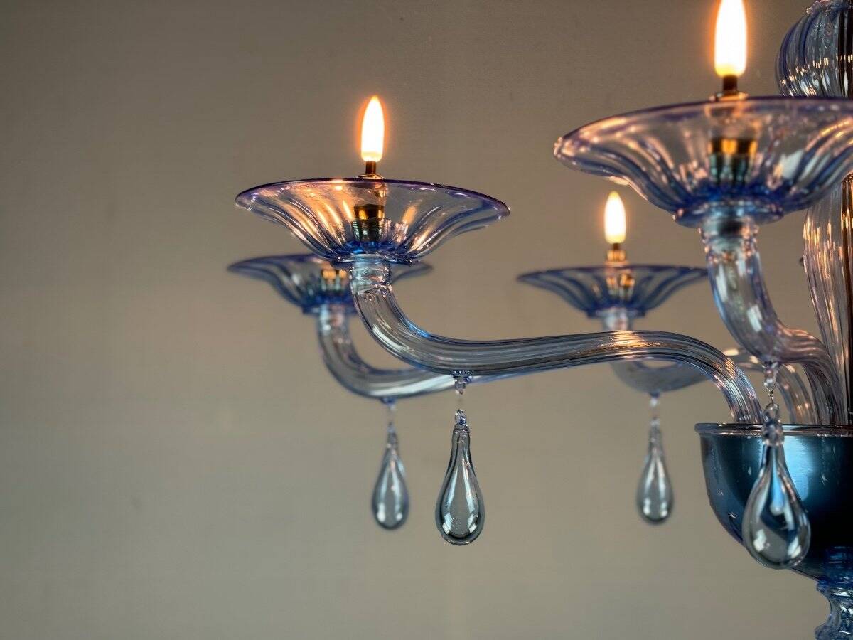 Blue murano glass venetian chandelier, 8 light arms