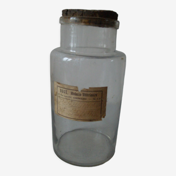 Ancien bocal de médecin vétérinaire apothicaire en verre soufflé, étiquette