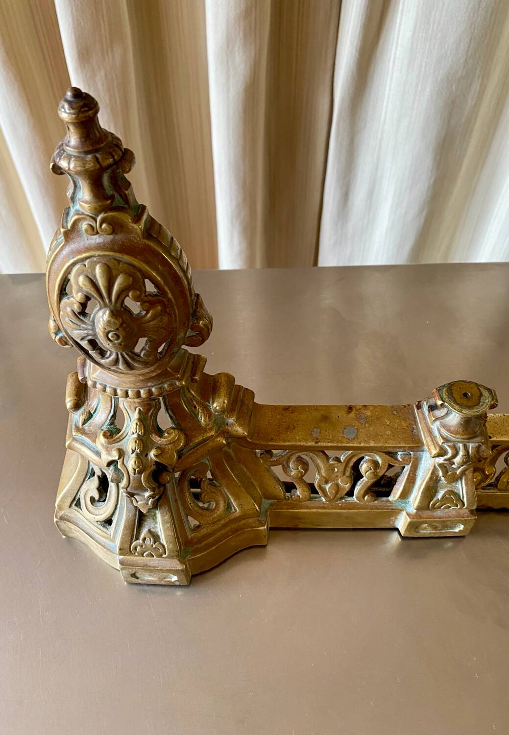 3 gilded bronze fireplace accessories 2 andirons and 1 fire bar