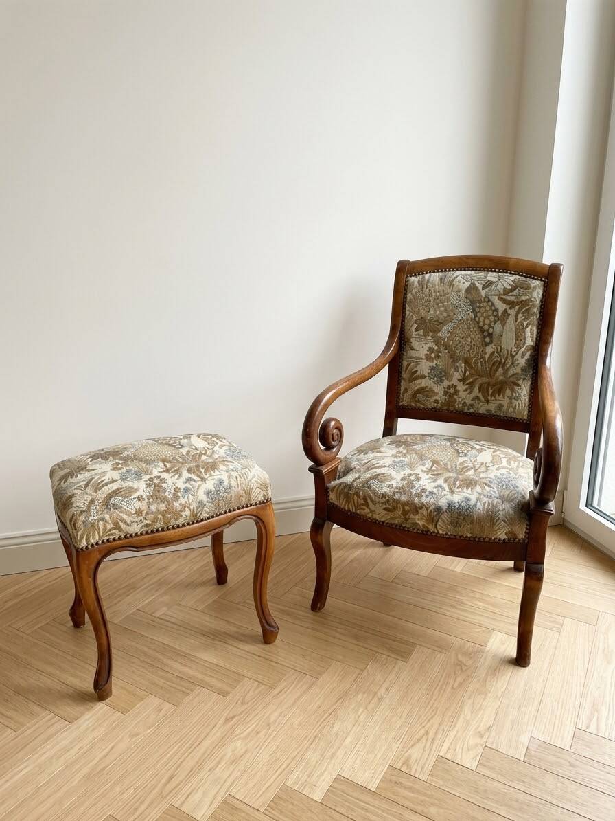 Old armchair with its stool