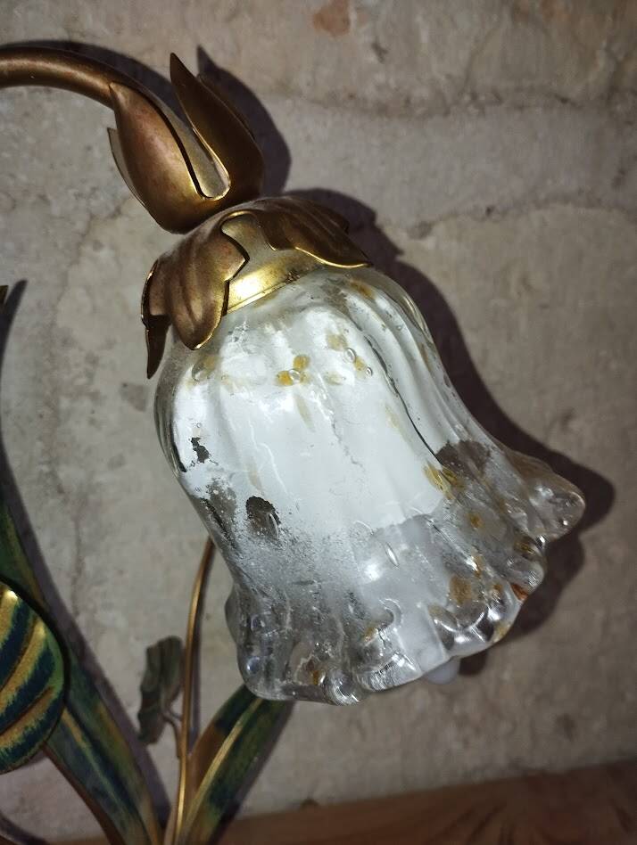 Lampe fleur vintage en laiton et verre