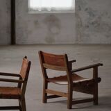 Pair of Spanish brutalist armchairs from the 1960s, wood and leather.