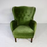 Fauteuil danois en velours vert, années 1950