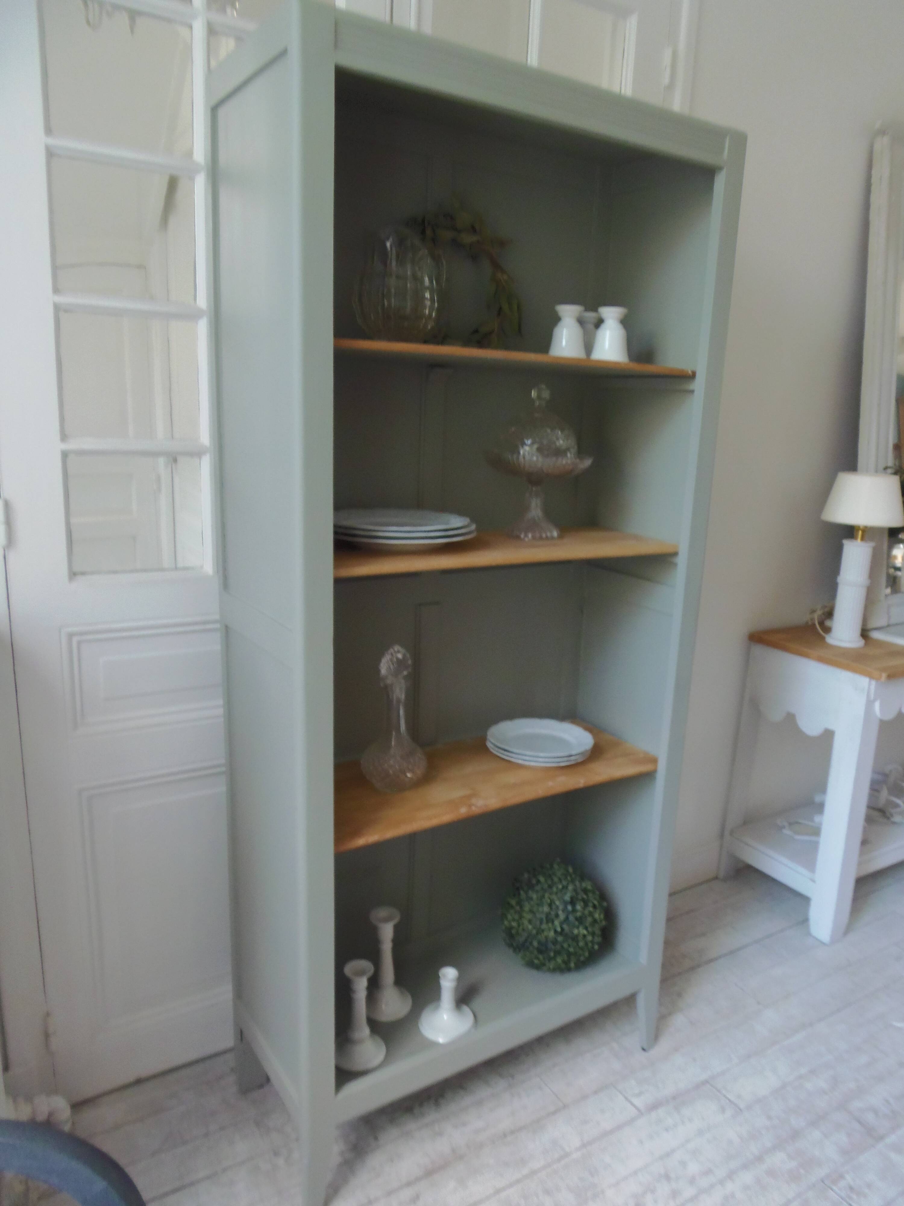 Vintage shallow bookcase re-enchanted in verdigris.