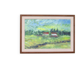 Swedish Oil on Canvas – “Houses” by Kersti Flyckt – Vintage & Framed