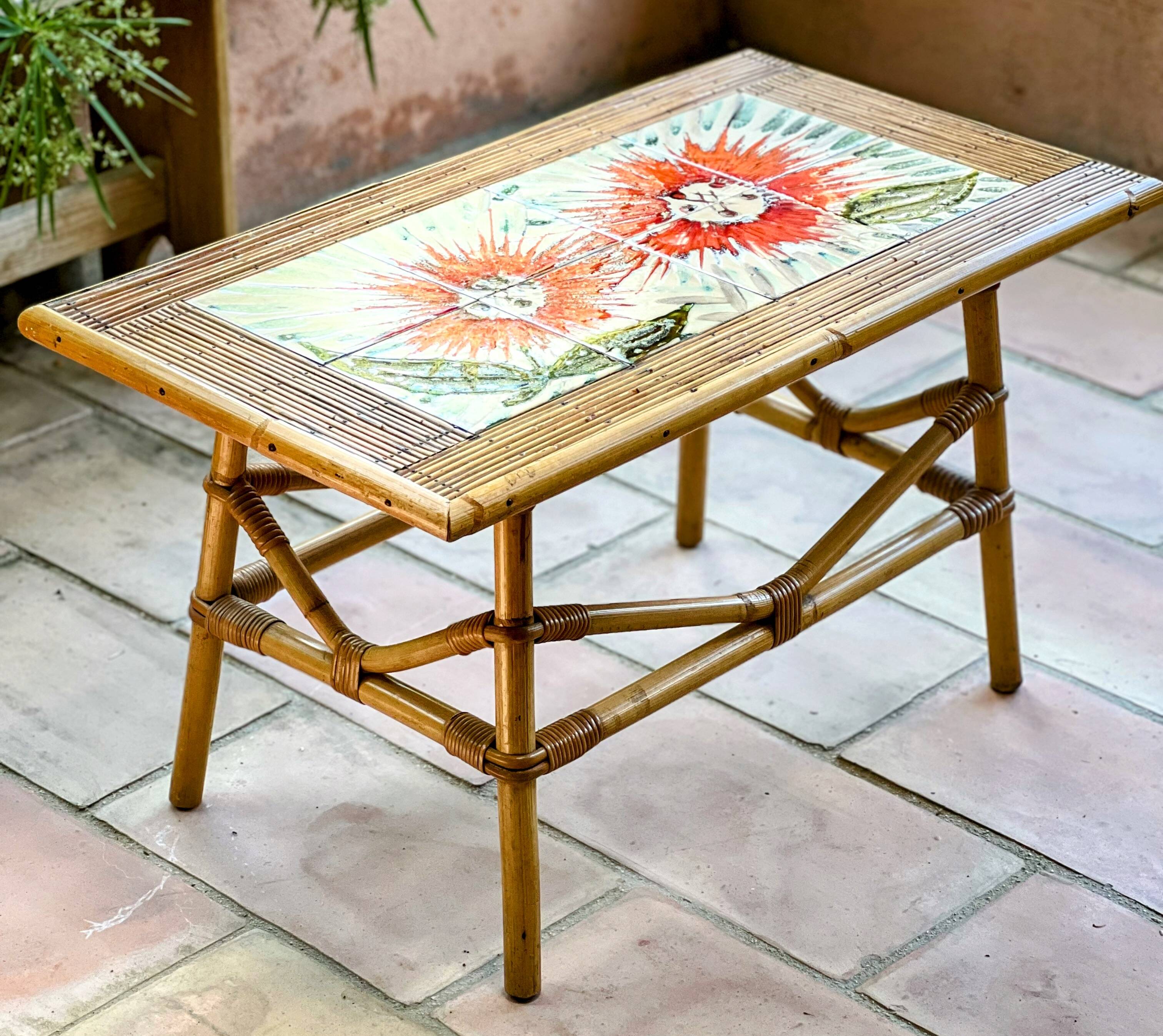 Rattan and ceramic coffee table leduc vallauris