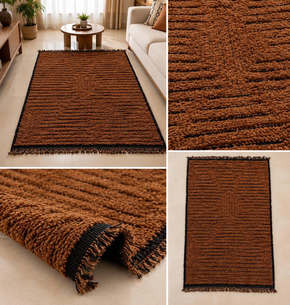 Moroccan Berber Mrirt rug in tobacco brown wool, black weave – 210 × 300