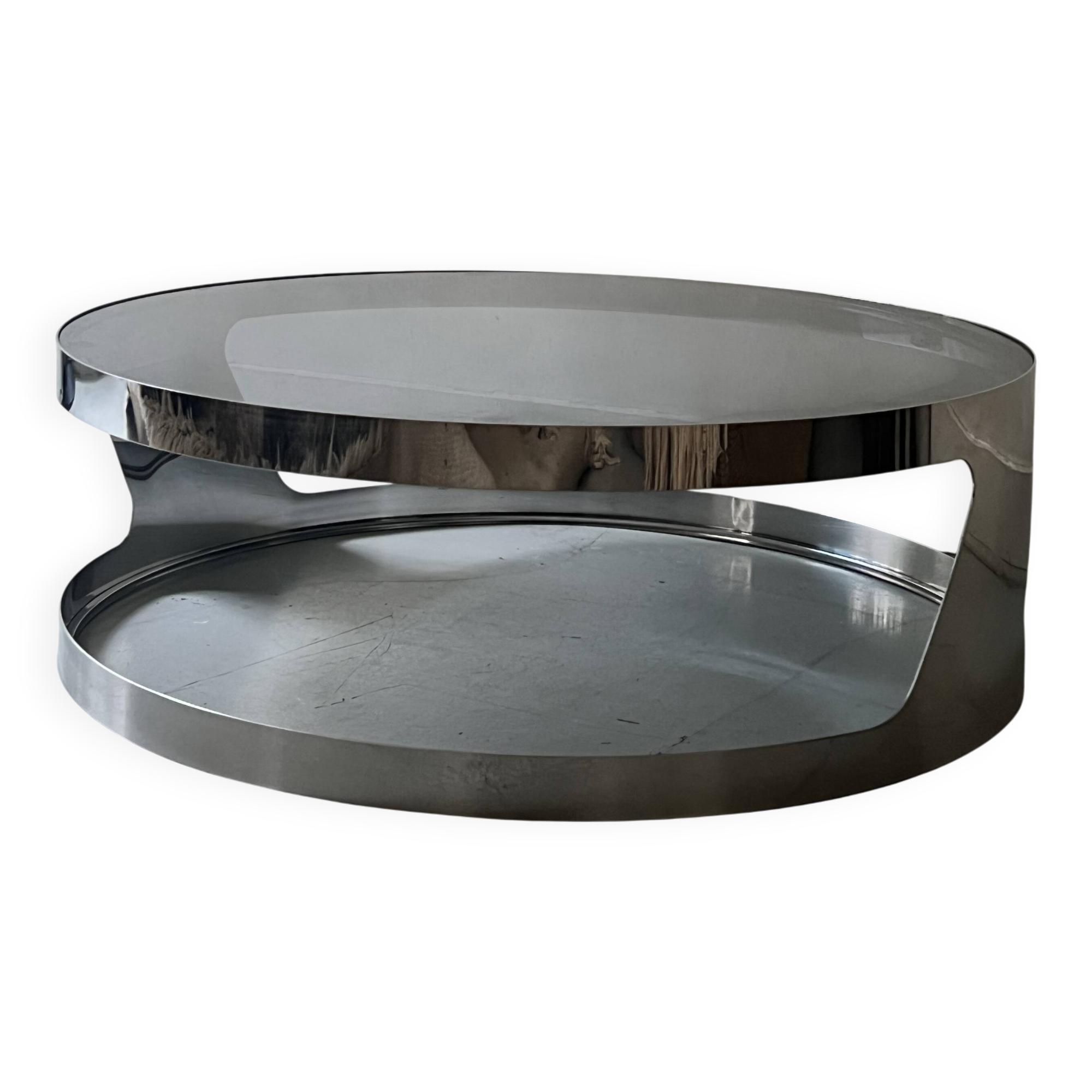 Italian round coffee table in chromed metal & smoked glass, 1970s design