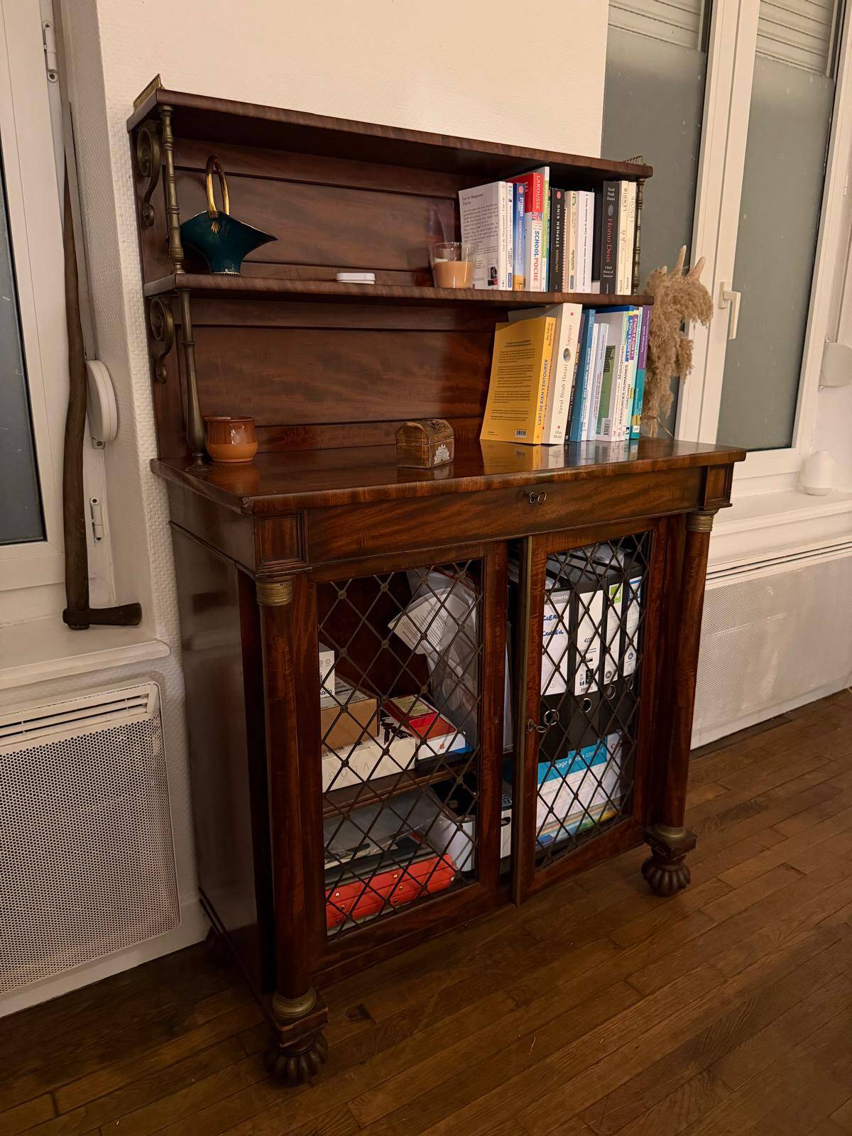 Antique wooden sideboard with shelves and mesh doors – 19th century style