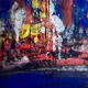 Abstract blue and red colors acrylic painting on stretched canvas