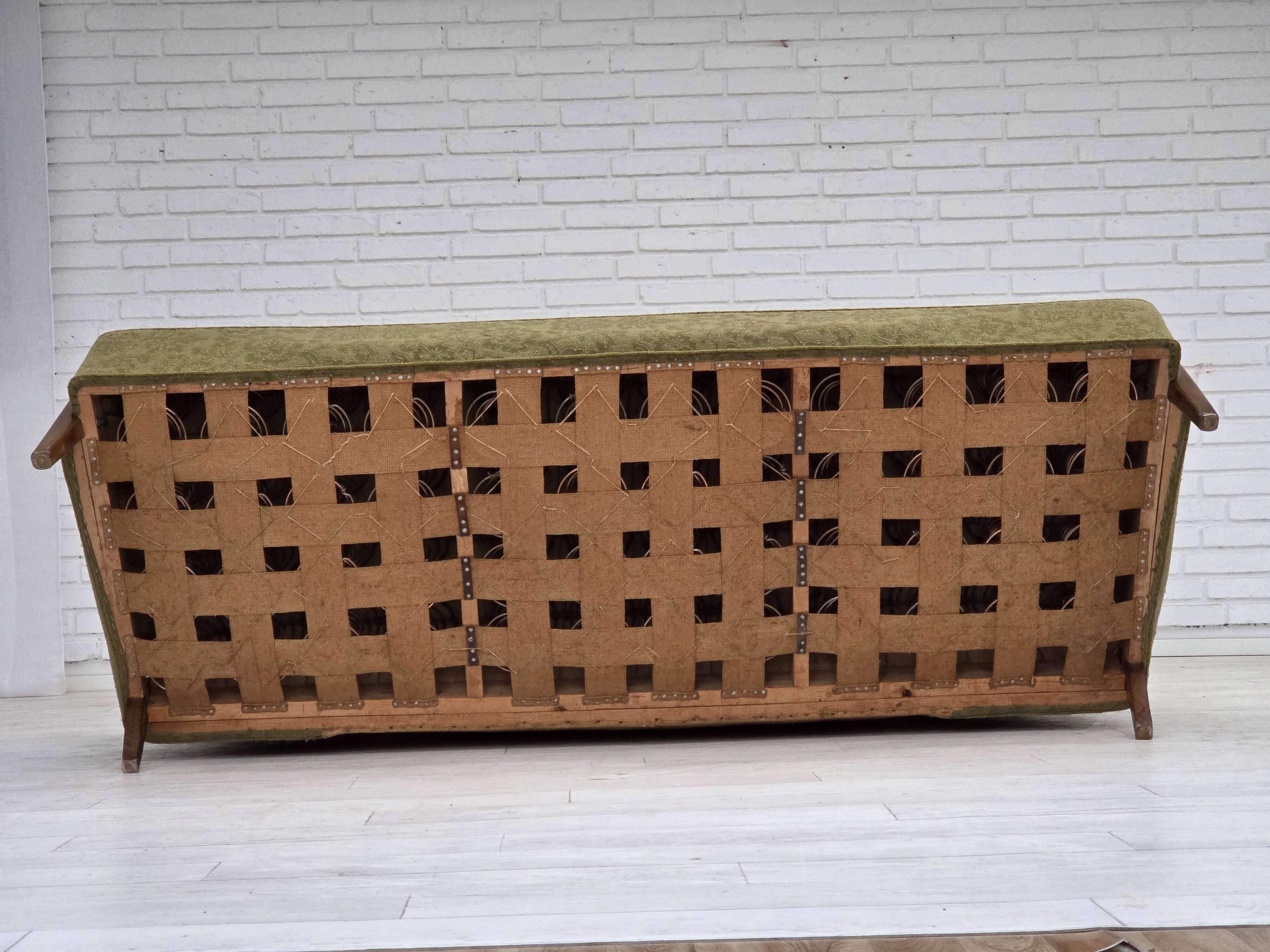 1960s, Danish 3-seater sofa, green furniture velour, ash wood legs.