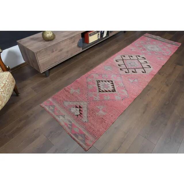 1970s Turkish Oushak Handmade Wool Cotton Pink Area Rug 84x304