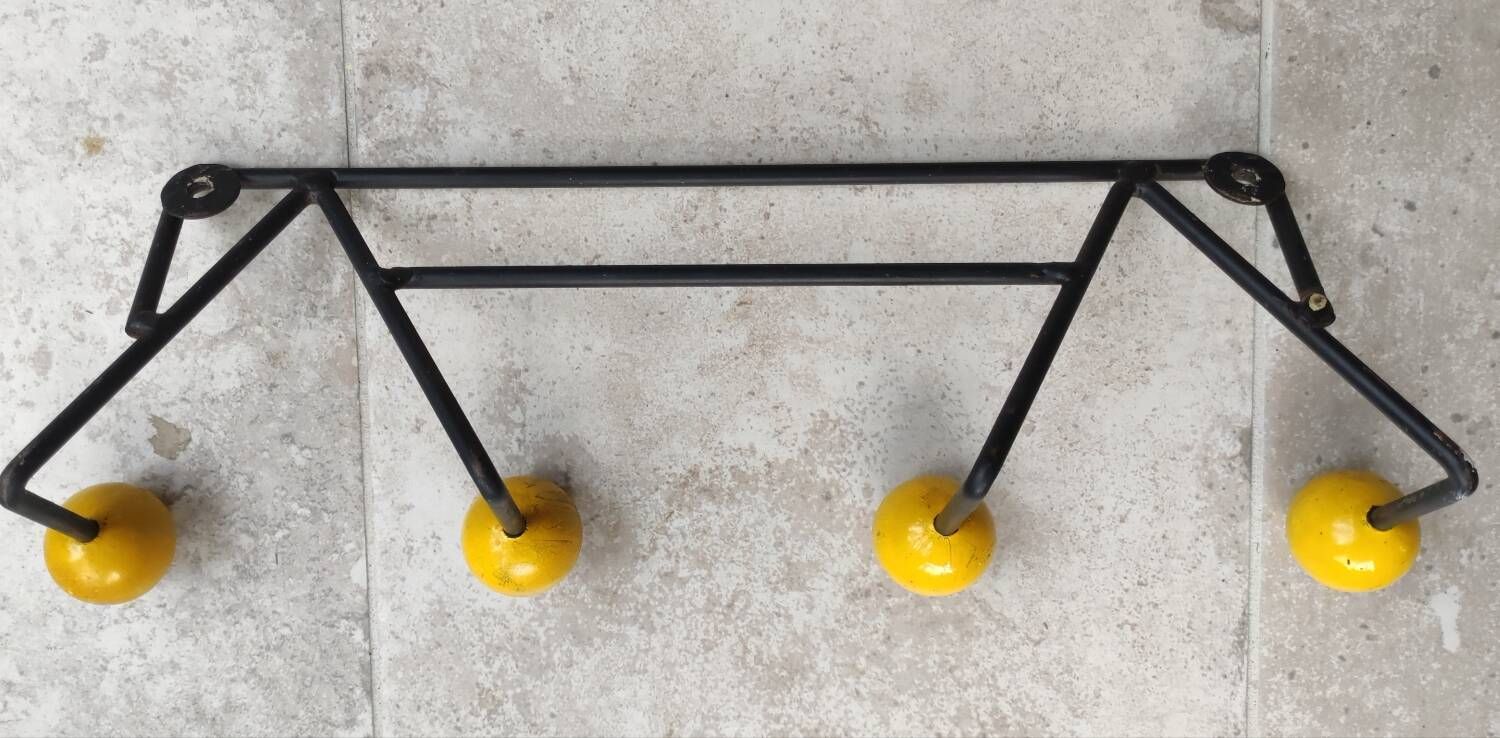 Two vintage metal and wood ball coat racks