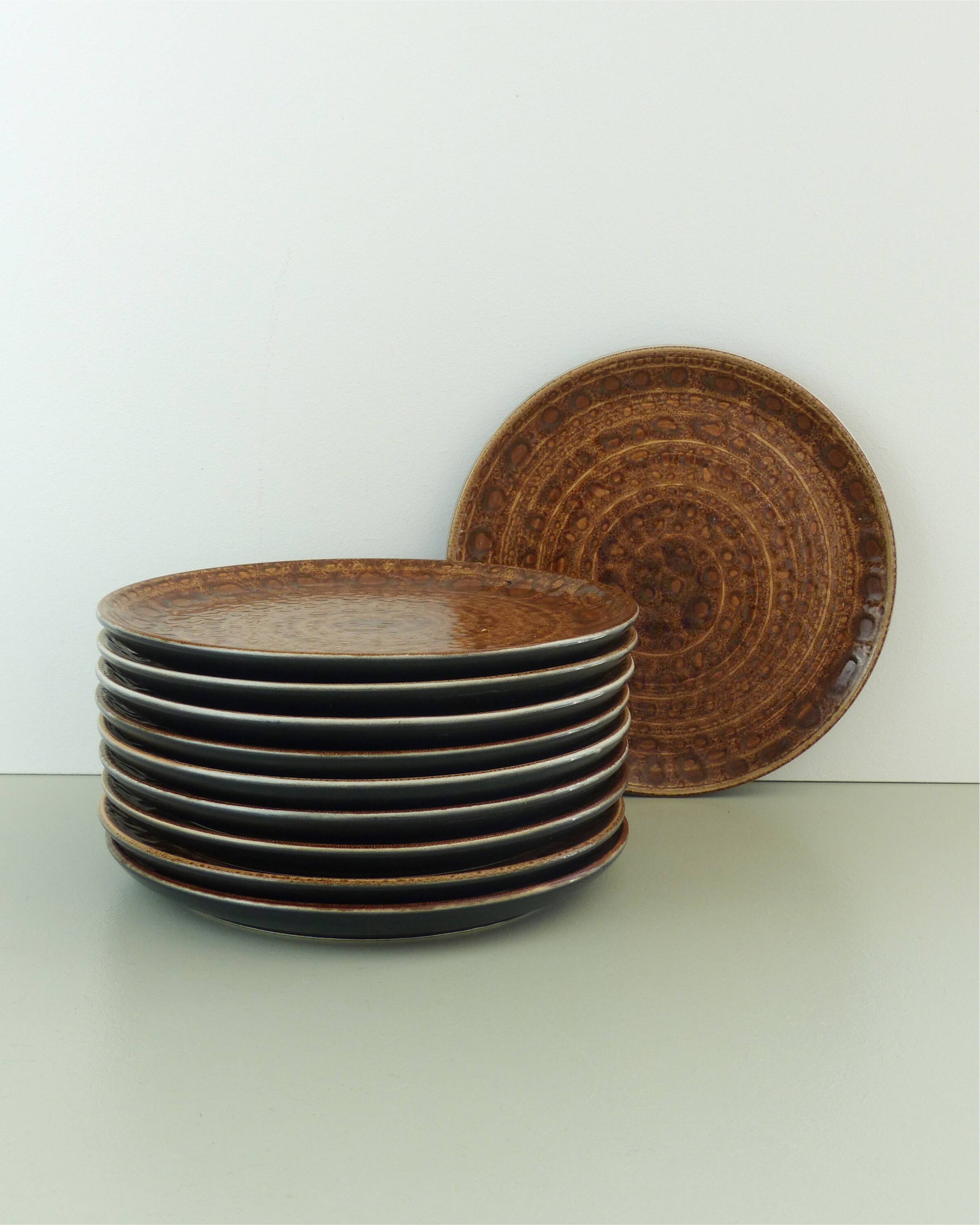 Set of 10 brown ceramic dinner plates