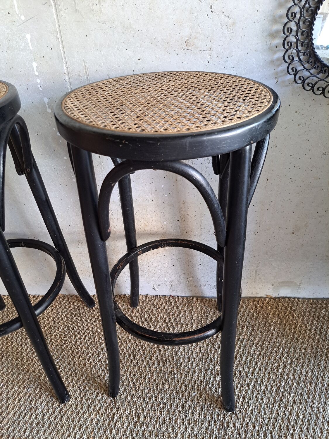 Paire de tabourets de bar cannés , en bois courbé