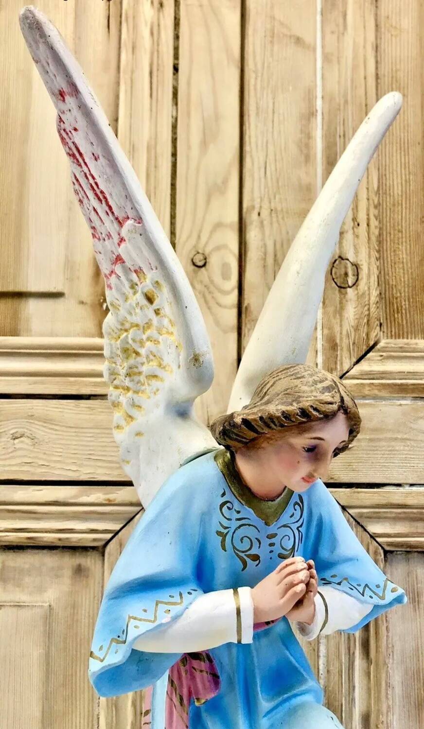 Large altar angel 42.5 cm plaster church statue sulphide eyes XIX