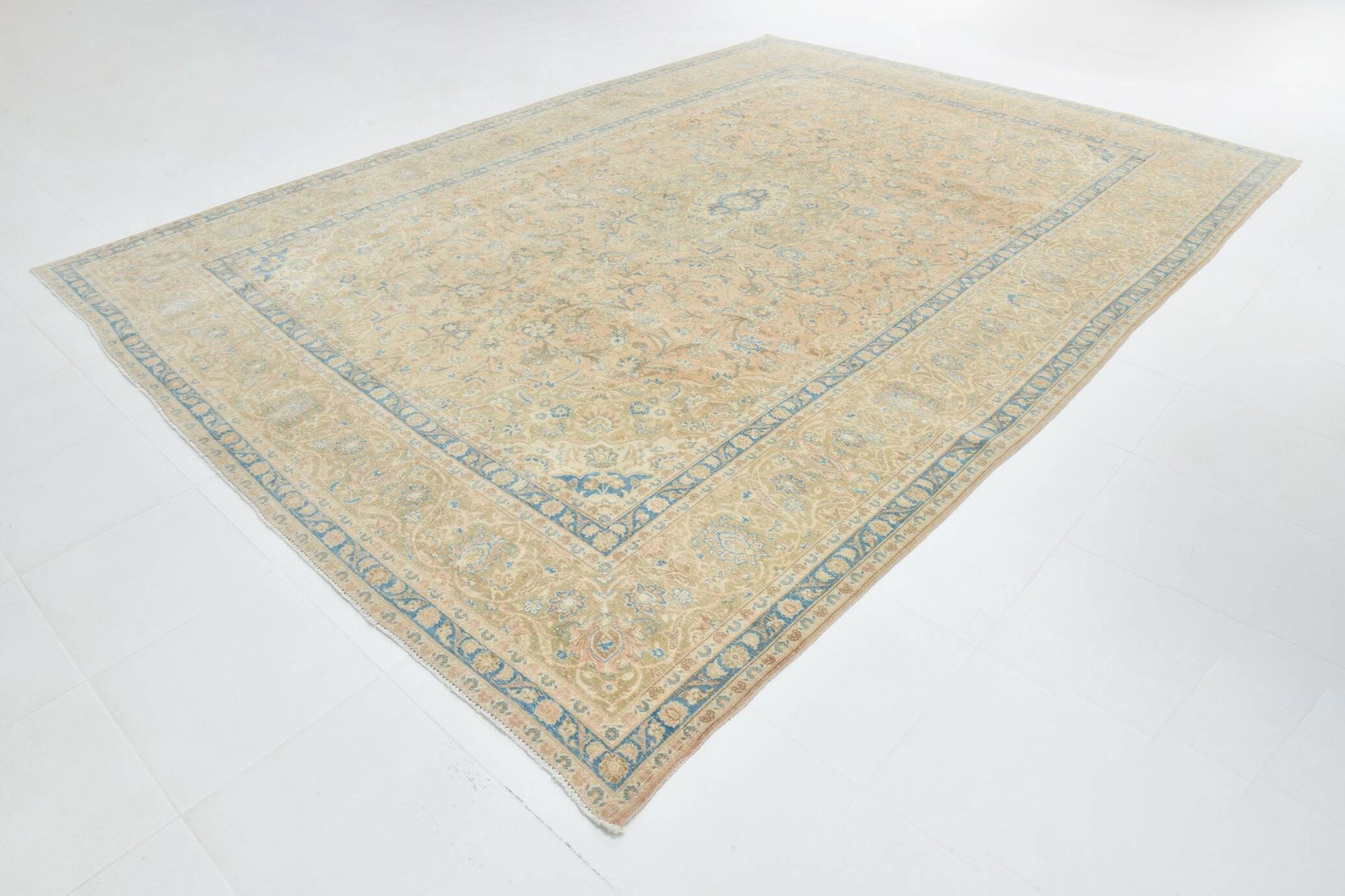 Sky Blue Hand Knotted Antique Vintage Persian Tabriz Rug, 293x407 Cm
